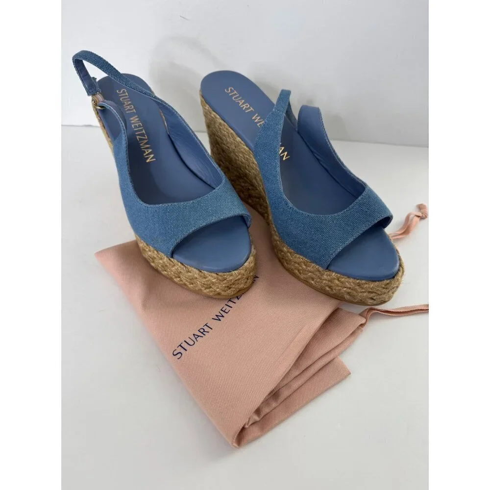 Stuart Weitzman Island Espadrille Wedge Sandal Peep Toe Jute & Denim Size 11